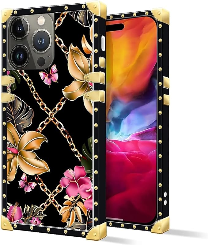 Compatible with iPhone 15 Pro Max Case, Pink Golden Chain Tropical Flower Luxury Golden Decoration for Girl Women Soft TPU Shockproof Protective Hard PC Back for iPhone 15 Pro Max