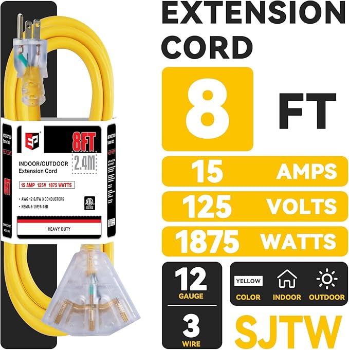 EP 8 Ft 12 Gauge Heavy Duty Extension Cord, 15A 125V 1875W, 3 Outlet Indoor/Outdoor Power Cord with Lighted End, 12/3 SJTW Weatherproof Yellow