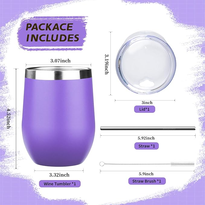12oz Stemless Wine Tumbler with Lid Double Wall Insulated Wine Cup Stainless Steel Glasses Tumbler with Straw Insulated cocktail Tumbler Coffee Mug for Hot and Cold Beverages (Multicolor-6,4Pack)