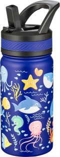 Fanhaw 14 Oz Kids Insulated Water Bottle with Straw - Stainless Steel Double Wall Vacuum Cup, Leakproof, BPA Free, Suitable for Boys and Girls(Blue - Ocean)