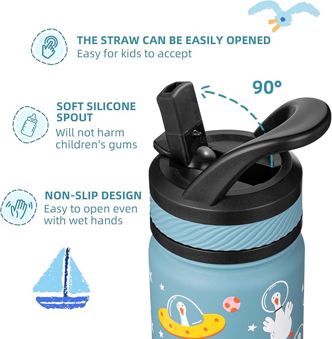 Fanhaw 14 Oz Kids Insulated Water Bottle with Straw - Stainless Steel Double Wall Vacuum Cup, Leakproof, BPA Free, Suitable for Boys and Girls(Cyan - Duck in Space)