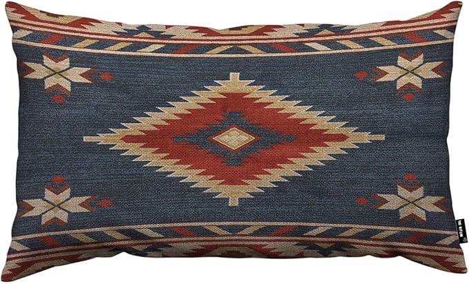 TKS MITLAN Southwest Diamond Blue Red Pillow Covers 12 x 20 Inch Indian Style on Blue Background Decorative Throw Pillow Covers Linen Cushion Case for Sofa Couch