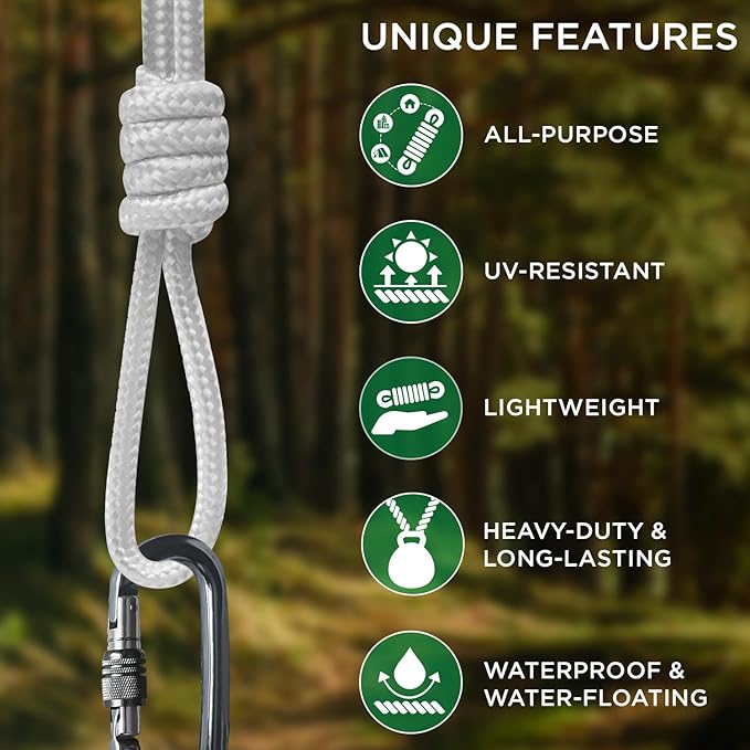 TECEUM Clothes Line & Flag Pole Rope – 1/4” & 3/8” – 90 FT | 150 FT – Strong All-Purpose Utility Rope – Camping, Crafting, Indoor & Outdoor – Polypropylene Nylon Lightweight Diamond Braided Cord White