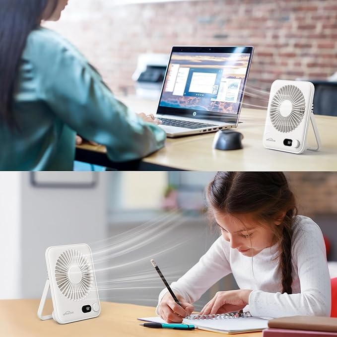 WHATOOK Small Desk Fan Personal Fans: 5000mah 25 Hours Battery Office Quiet Mini Desktop Fan Portable Rechargeable Travel Essentials (White, 5000 mAh)