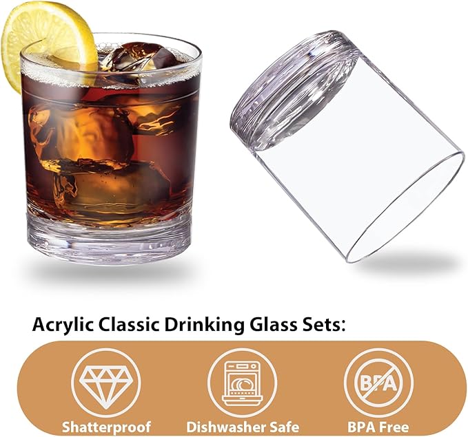 12 oz Drinking Glass Sets, Set of 6 Plastic Cups Unbreakable Drinkware Glasses Set Tumblers & Water Glasses Acrylic Clear Drinking Glasses, BPA-Free Beer Glasses for Home & Outdoors, Dishwasher Safe