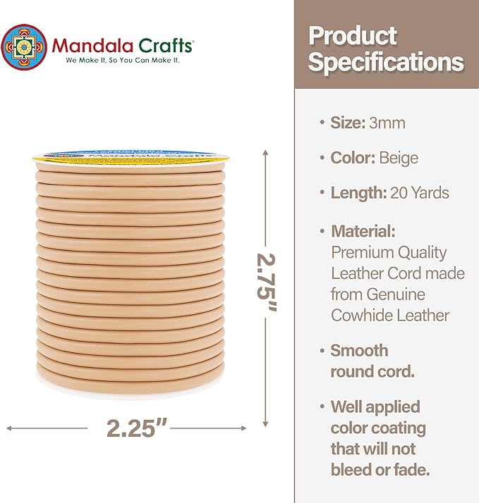 Mandala Crafts Round Genuine Beige Leather Cord for Jewelry Making – 3mm Cowhide Leather Rope String Lace for Kumihimo – 20 Yards Cowhide Craft Cording Spool