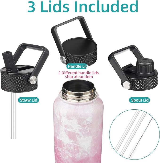 Konokyo 22oz Stainless Steel Bottles with 3 Lids Sport Insulated Water Bottle,Marble Blossom