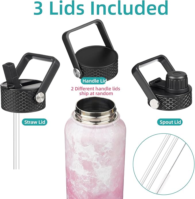 Konokyo 18 oz Insulated Water Bottle Stainless Steel Sport Bottles with 3 Lids,Marble Blossom