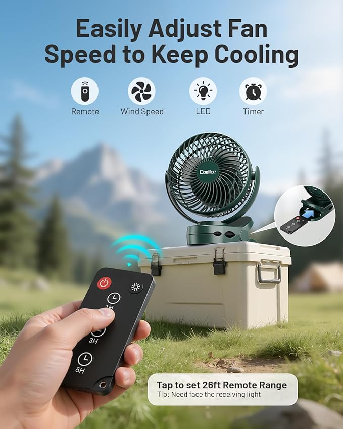 Camping Fan with Remote Control - 12000mAh Rechargeable Battery Powered Fan, Camping Fans for Tents with LED light & Hanging Hook, Rechargeable Battery Operated Ceiling Fans for Tent RV Bed, Green