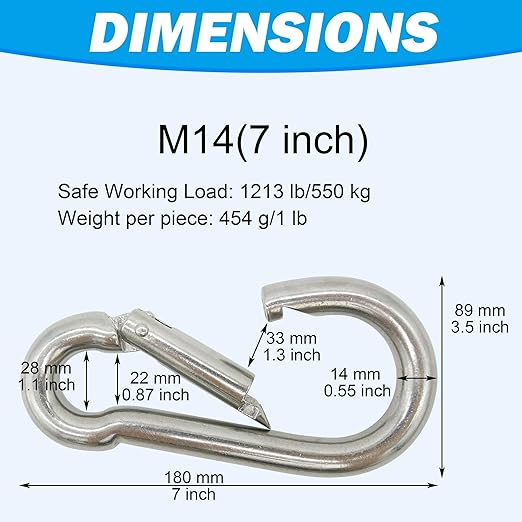 304 Stainless Steel Carabiners -7 inch Heavy Duty, Durable & Rust-Free Clips for Gym, Swing, Dog Leashes, Hammocks, Keychains, and More(304,M14,Pack of 1)