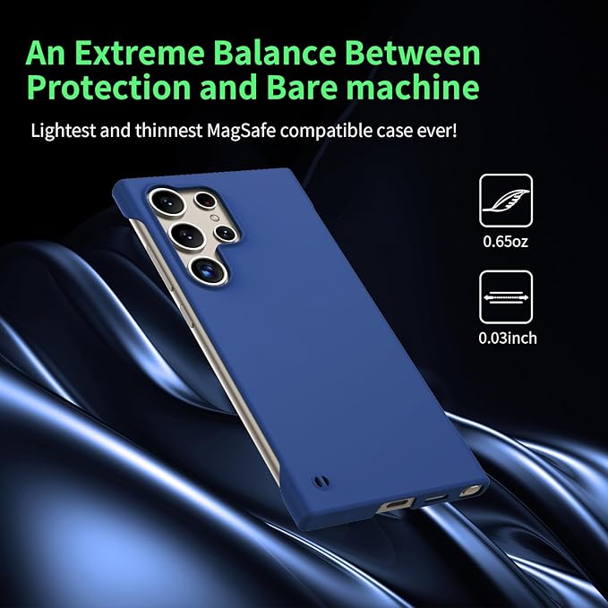 GRECAZO Slim Borderless for Samsung Galaxy S24 Ultra Phone Case 6.8"(2024) Ultra-Thin Lightweight Frameless Matte Hard PC Cover Case with Pull Ring Minimalist Non Slip Rope-Blue