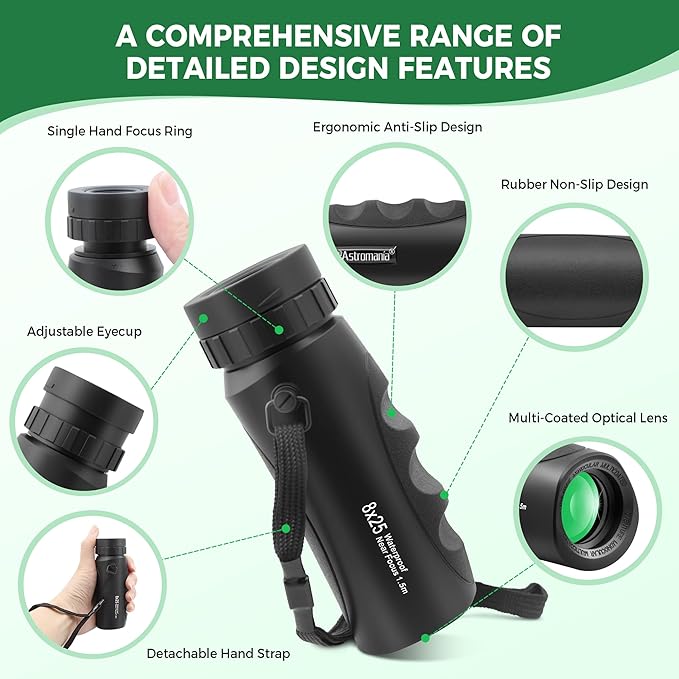 Astromania 8x25 Monocular for Adults, Compact Outdoor Accessory with Multi-Coated Optics BAK7 Prism & Twist-Up Eyecup, Waterproof & Fogproof Ideal for Bird Watching Hunting Sport and Wildlife Viewing