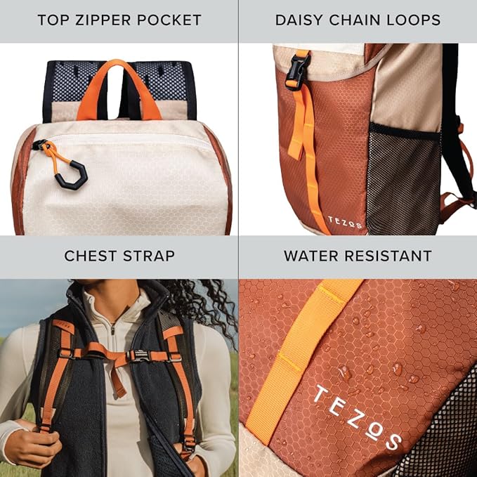 Tezos Juniper Daypack, Lightweight Hiking Backpack and Hydration Pack for Camping, Travel, Biking, and the Outdoors, 16 Liter (Desert Sand)