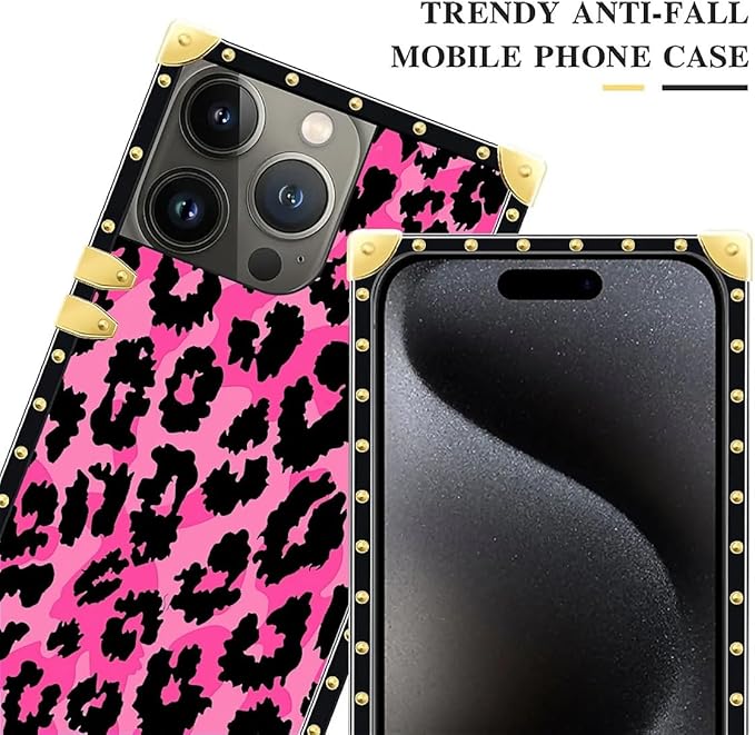 Compatible with iPhone 16 Pro Max Case, Pink Black Leopard Luxury Golden Decoration for Girl Women Soft TPU Shockproof Protective Hard PC Back