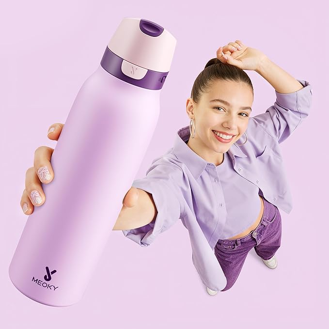 Meoky 24 oz Stainless Steel Slim Water Bottle: Leak Proof Locking Lid, 2-in-1 Straw and Spout, 24 Hours Cold, Top Handle, BPA Free, Insulated Water Bottle for Women Sports Travel Gym, Lavender