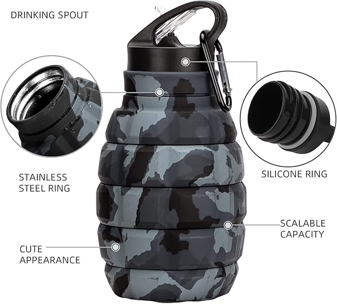 Collapsible Travel Water Bottle19.6 oz, Reuseable Silicone Foldable Water Bottles for School, Office, Gym, Camping,Hiking,Portable Leak Proof Sports Water Bottle with Carabiner (Dark gray camouflage)