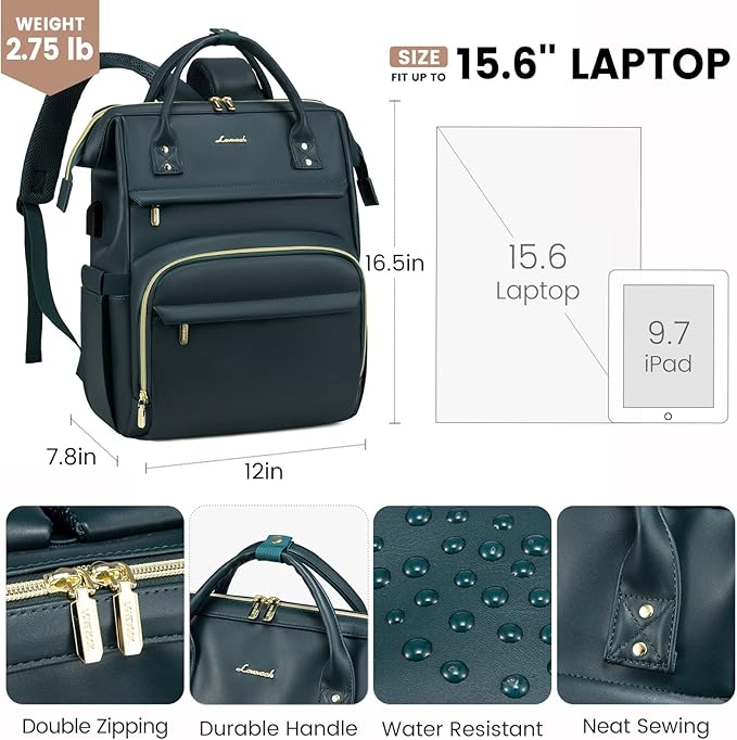 LOVEVOOK Leather Laptop Backpack for Women 15.6 inch,Travel Purse Nurse Teacher Backpack Computer Laptop Bag,Professional College Business Work Bag Carry On Backpack with USB Port,Dark Green