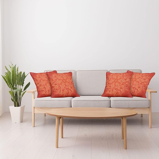 Ambesonne Red Mandala Throw Pillow Cushion Case Pack of 4, Vibrant Colored Doodle Style Nature Romantic Abstract Bouquet Art, Modern Accent Double-Sided Digital Printing, 18", Scarlet Orange