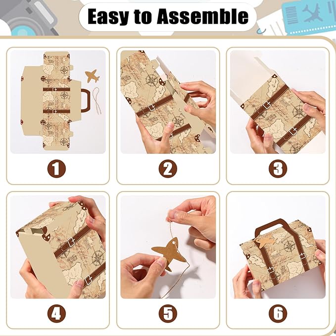 12Pcs Large Suitcase Party Favor Boxes Travel The Map Paper Treat Box with Tags Birthday Supplies Travel Theme Candy Goodie Gift Boxes for Birthday Baby Shower Wedding Vintage Party Table Decoration