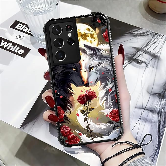 for Samsung Galaxy S21 Ultra Case, Black White Wolf Moon Flower Rose Pattern Graphic Design Girl Boy Soft Silicone Hard Acrylic Shock Protection for Samsung Galaxy S21 Ultra
