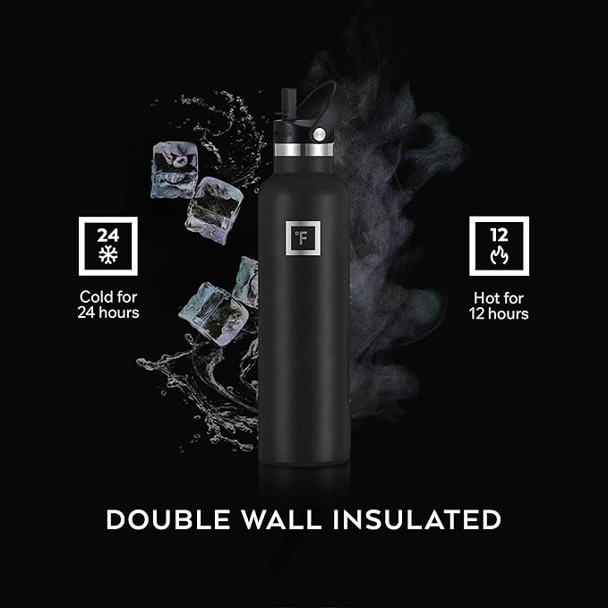 IRON °FLASK Camping & Hiking Hydration Flask with Straw, Narrow Mouth Insulated Stainless Steel Sports Water Bottle - Dark Night 24 oz - Straw (1 Lid)