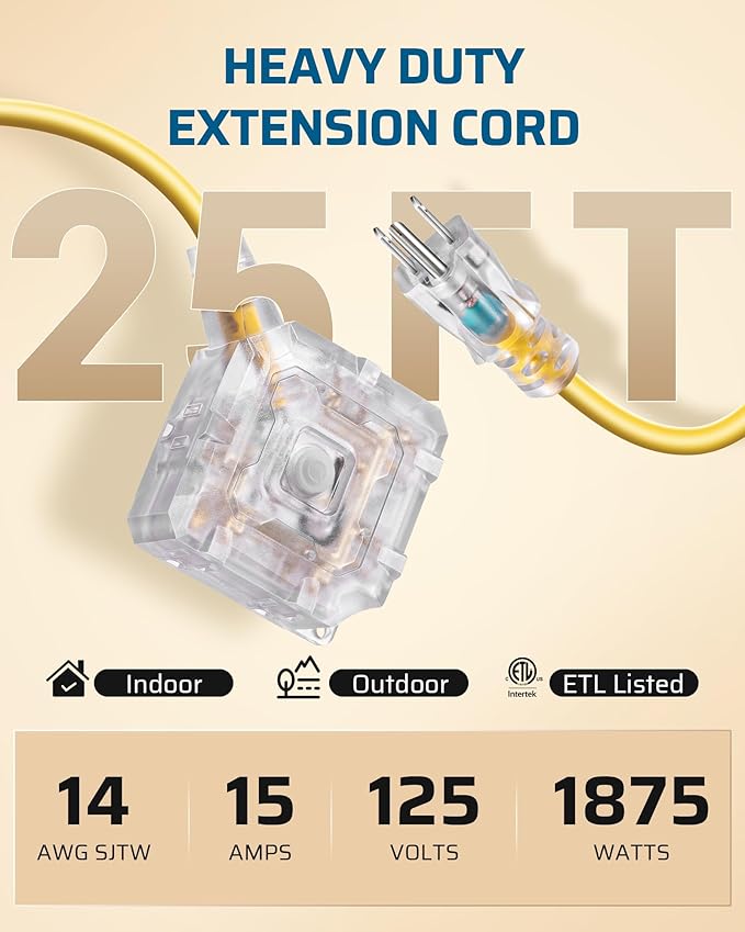 DEWENWILS 25FT Outdoor Heavy Duty Extension Cord, 14 AWG SJTW Power Cord with Dust-Proof & Waterproof Switch, 6 Outlets Transparent Plug Tail for Multiple Devices, 15A/125V/1875W, ETL Listed