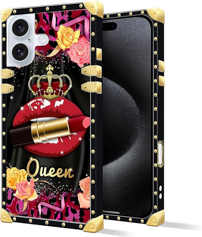 Compatible with iPhone 16 Case, Queen Lip Crown Leopard Print Luxury Golden Decoration for Girl Women Soft TPU Shockproof Protective Hard PC Back for iPhone 16