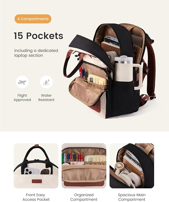 LOVEVOOK Laptop Backpack for Women - Stylish Work Backpack with Large Cup Holder, Waterproof College Teacher Backpack, Beige-Brown, 15.6Inch