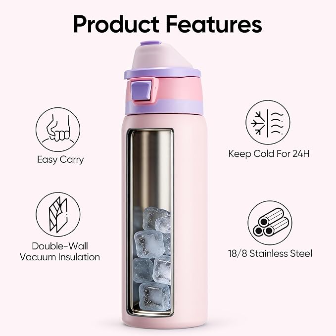 Fijinhom 32 oz Insulated Water Bottle with 2-in-1 Straw and Spout Lid, Stainless Steel Double Wall Vacuum Flask, Sports Water Bottle Keeps Cold 24H, Leak Proof for Gym, Outdoor, Travel (Pink)