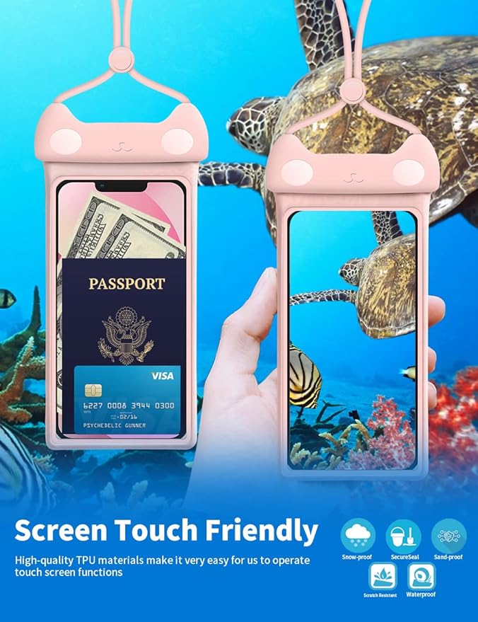 wellhouse Waterproof Phone Pouch, Waterproof Phone Case for iPhone 17 16 15 14 13 Pro Max XS Samsung, IPX8 3D Cellphone Dry Bag Beach Essentials (2 Pack - Meow Pink & Blue7.0, 7 inch)