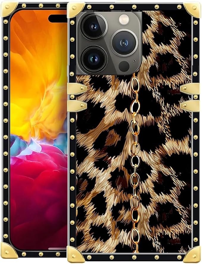 Compatible with iPhone 15 Pro Case, Seamless Gold Chain Leopard Luxury Golden Decoration for Girl Women Soft TPU Shockproof Protective Hard PC Back for iPhone 15 Pro