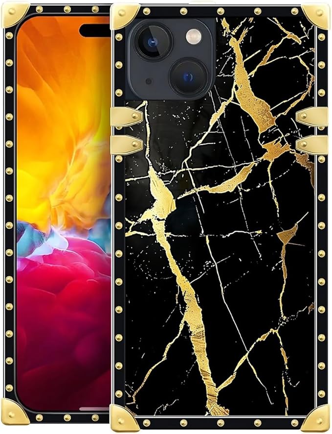 Compatible with iPhone 15 Case, Black Gold Marble Nature Luxury Golden Decoration for Girl Women Soft TPU Shockproof Protective Hard PC Back for iPhone 15
