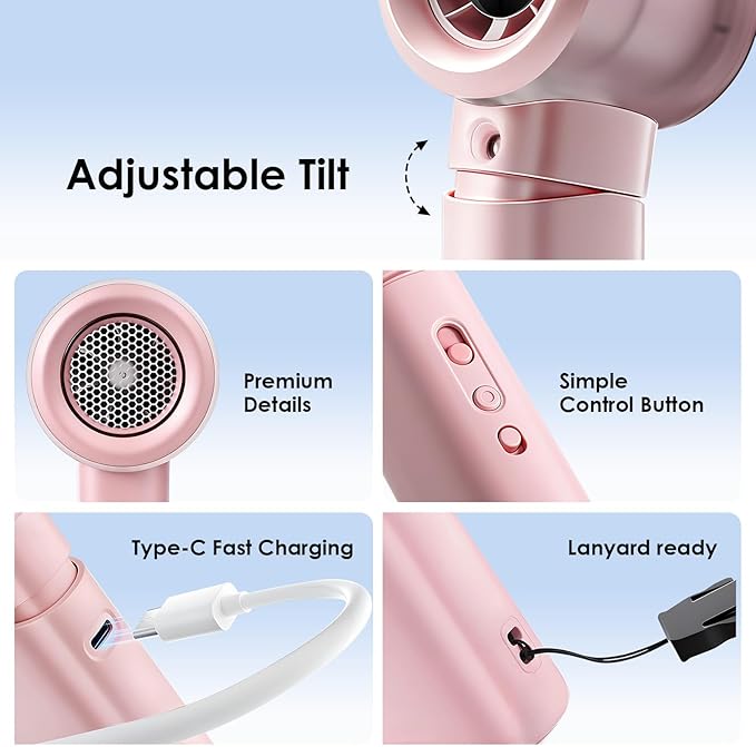 Portable Misting Fan Handheld Powerful Turbo Fan, 100 Speeds, 6000mAh Rechargeable Battery, LED Display, Spray Mist Personal Mini Fan for Travel, Beach, Outdoor Camping (LightPink)