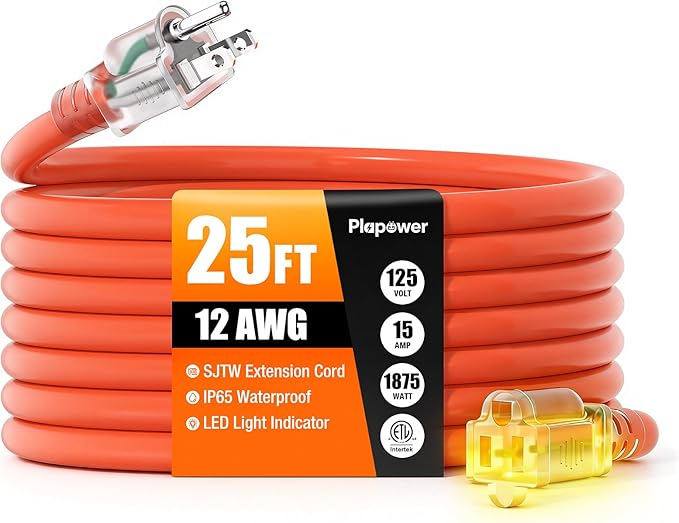Outdoor Extension Cord 25 FT Waterproof, 12/3 Gauge Heavy Duty 3 Prong Power Cord with Lighted Indicator End, 15A 125V 1875W SJTW, ETL Listed, Great for Lawn/Garden/Home(Orange)