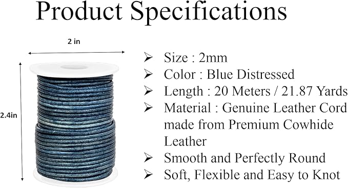 GENIQUE Real/Genuine Round Leather String Cord for Necklace, Bracelets, Jewellery, Braiding (2mm, Blue Distressed)