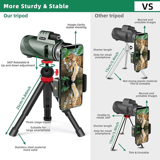 40X60 HD Monocular for Adults, Grade Compact Monocular Telescope with BAK-4 Prism & FMC Lens & Smartphone Holder & Tripod, Stargazing Hunting Bird Watching, Camping Hiking Travel Accessories