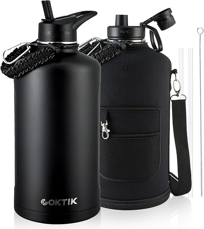 COKTIK 128oz Insulated Water Bottle - Stainless Steel Vacuum Metal, Portable 1 Gallon Large-Capacity Sports Bottle with Straw, Carry Bag and Handle Strap, Ideal for Gym & Hiking(Black)
