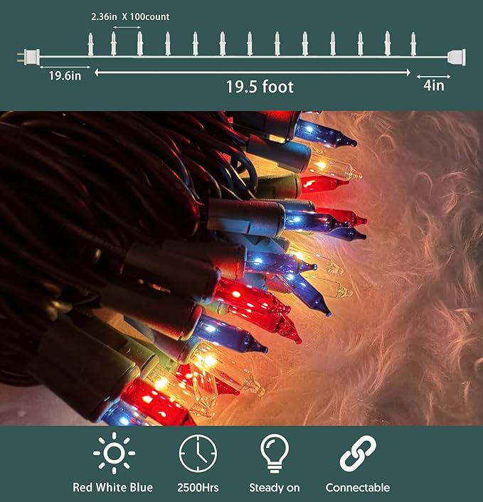 HISHINY Red White Blue 4th of July Patriotic Decorations Lights 100 Count Mini String Lights with Green Wire for Outdoor Indoor Christmas,Holiday,Party, Independence Day Decor,UL Certified (21feet)