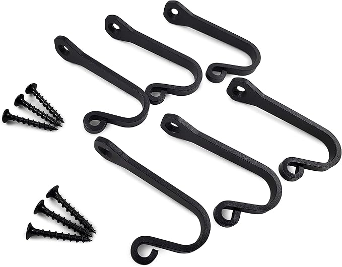 Heavy Duty Cast Iron Wall Hooks – Multi-Purpose hangers for Cast Iron Pots & Pans, Mugs, Towels, Coats, Hats, fireplace, Entryway & More – Rustic Farmhouse Craftsman Décor – Matte Black (6 Pack)