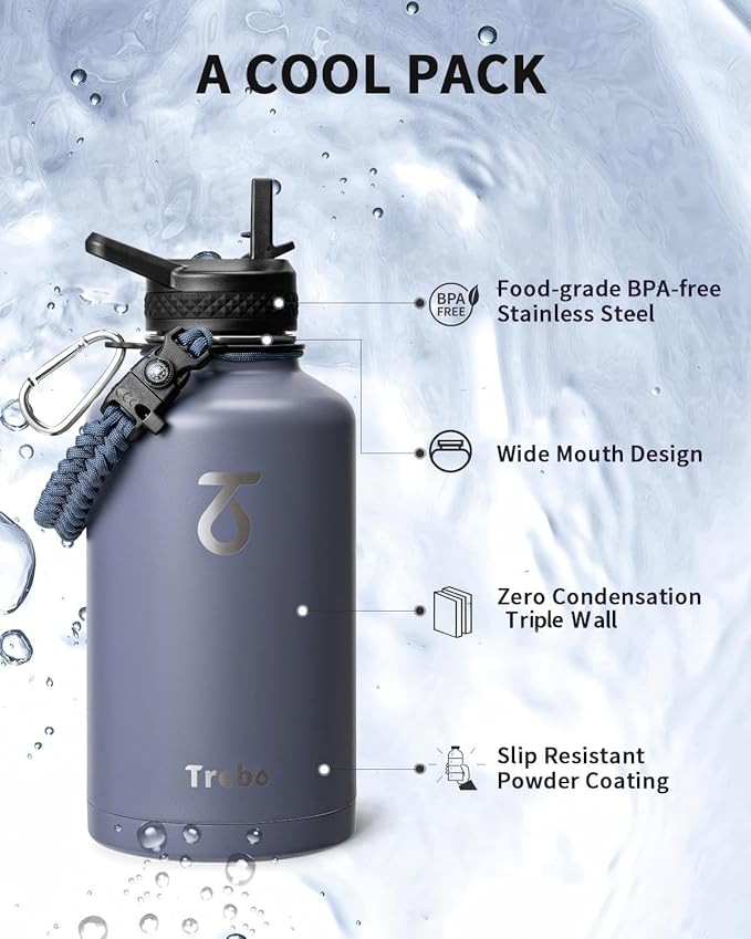 Trebo Water Bottle 64oz with Paracord Handle, Half Gallon Large Vacuum Triple Wall Stainless Steel Insulated Water Jug with Holder Strap Straw Spout Lids, Leakproof Keep Cold & Hot, Grayish purple