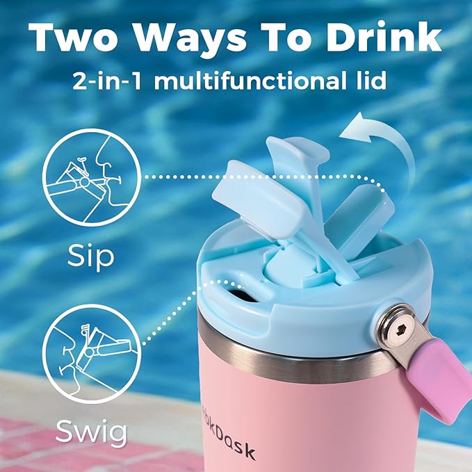 40 oz Insulated Stainless Steel Bottle with 2-in-1 Straw and Spout Lid, Water Bottle with Carry Handle Keep Cold 24H, Leak-Proof, Fits in Car Cup Holder, Travel, and School（Black）