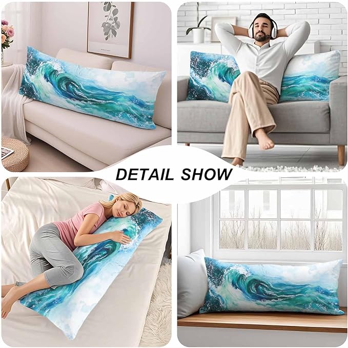 Couch Body Pillow Cover Ocean Wave Bedding Body Pillow Case for Men Women, Watercolor Sea Waves Blue Oblong Pillow Covers Throw Cushion Cases for Home Sofa Livingroom 20"X 54"