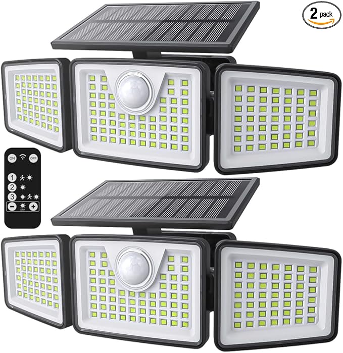 daphino 2500LM Solar Lights Outdoor with Motion Sensor,3 Head 270° Wide Angle Street Area Lights,IP65 Waterproof Security Lighting with 3 Modes(Remote,2 Pcs)