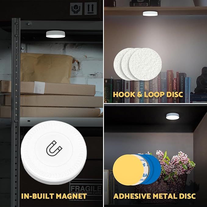 DAZZY DOT Rechargeable Puck Lights 2 Pack, Dimmable Touch Light Stick on for Closet, Magnetic Tap Light 1000mAh Battery Powered, Portable Led Light Cool White for Locker, Cabinet, Bedside, Kitchen