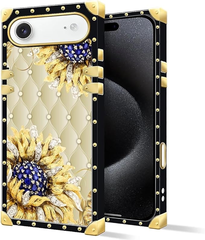 for iPhone 17 Air Case Luxury Golden Decoration for Girl Women Soft TPU Shockproof Protective Hard PC Back for iPhone 17 Air Crazy Pattern Sunflower Diamonds Leather