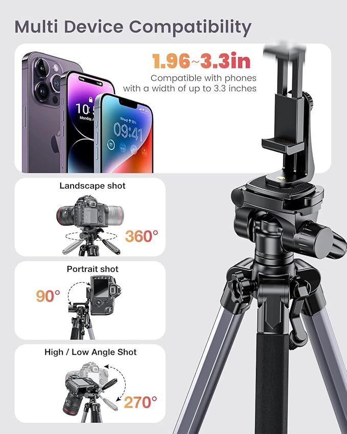 CAMBOFOTO 74″ Aluminum Camera Tripod – Heavy‐Duty Professional Tripod Stand for DSLR & Mirrorless Cameras, Smartphones & GoPro – Lightweight Travel Tripod with 360° Pan Head & Phone Mount