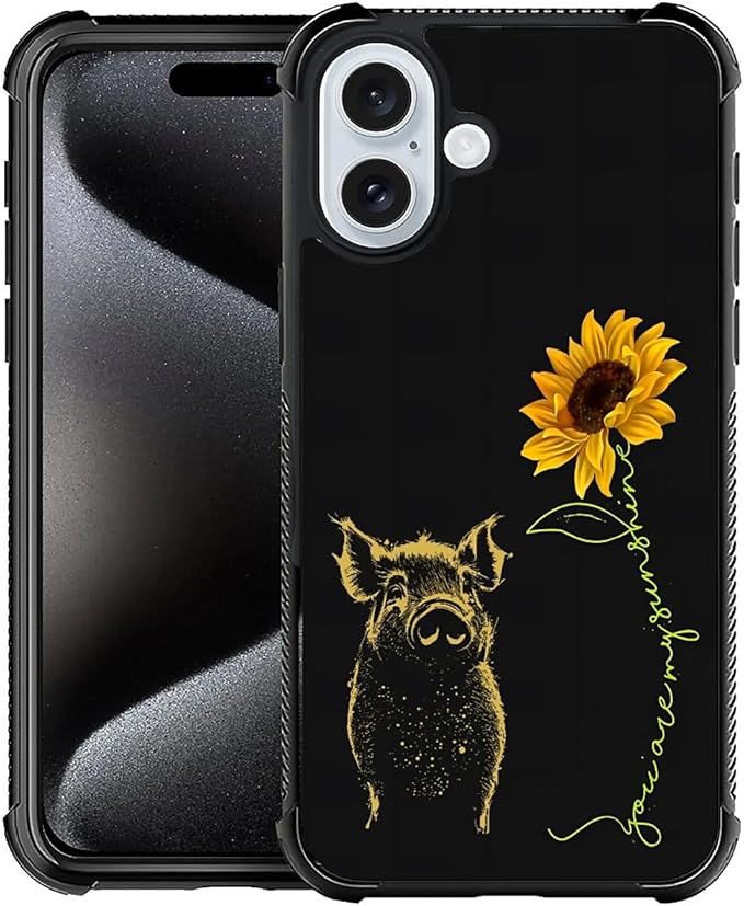 for iPhone 16 Case, Pig Sunflower Yellow Sunshine Pattern Graphic Design Girl Boy Soft Silicone Hard Acrylic Shock Protection for iPhone 16