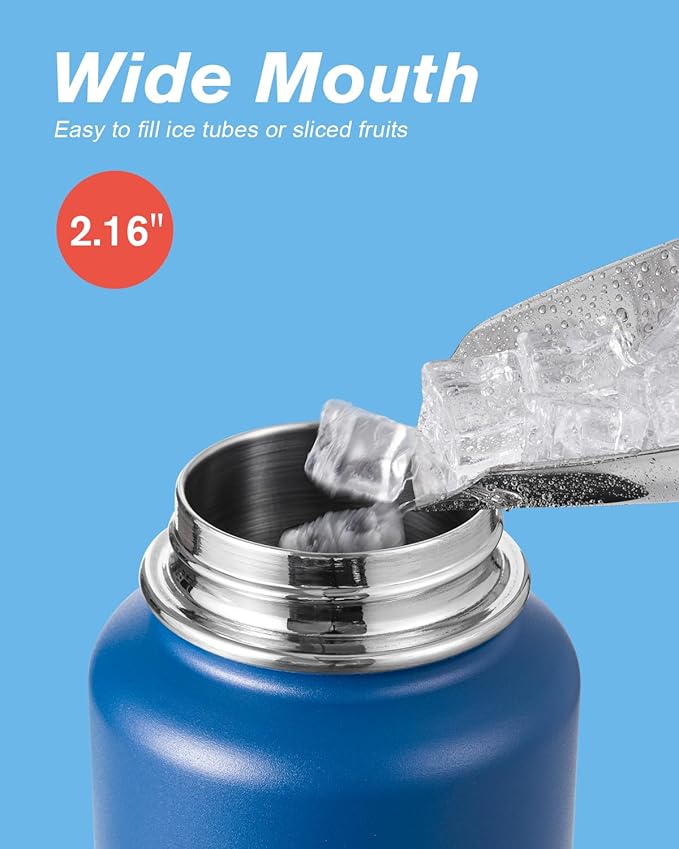 Coolflask Water Bottle 40 oz Insulated with Straw, Stainless Steel Metal 3 Lids Water Flask for Sports or Office, Keep Cold 48H Hot 24H, King's Blue