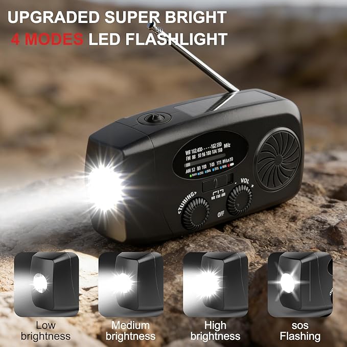 Weather Emergency Radio, Portable Solar AM/FM/NOAA Hand Crank Radio, Cell Phone Charger with SOS, 1W LED Flashlight, Headphone Jack, Power for Emergency Preparedness (Black)