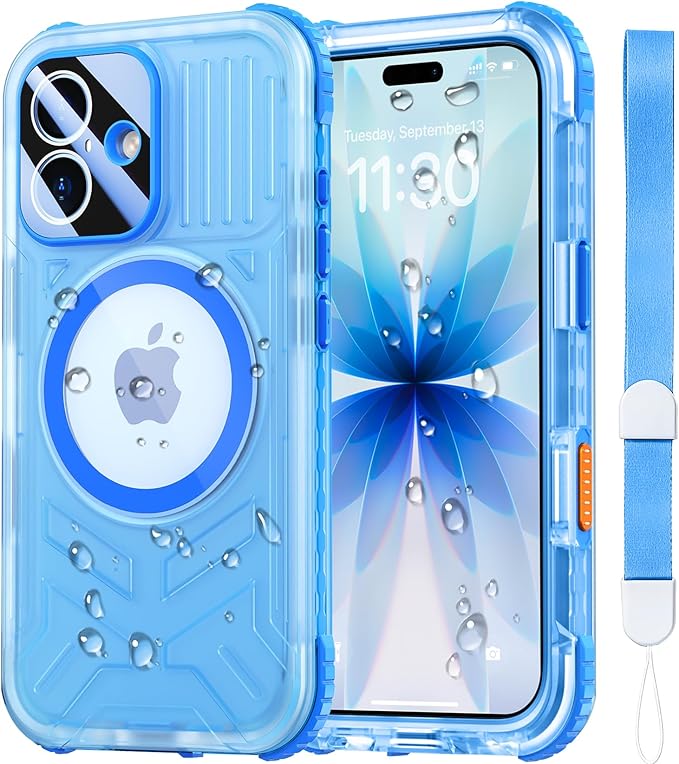 SPIDERCASE Magnetic for iPhone 17 Case Waterproof,[Built-in Screen & Camera Protector] [IP68 Underwater] 12FT Military Shockproof, Dustproof, Anti-Scratched Phone Case,Blue/Clear